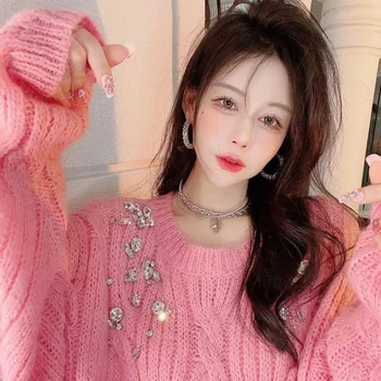 2022 Pomlad Nove Ženske korejski Ins Modi Stilsko O-neck Knitted Zgornji del Ženske Sladke Pravljice Trdna Nosorogovo Puloverju Pulover