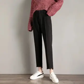 Volnene hlače ženske črni jesen in zimo 2021 nove korejske modne visoko-pas devet-točka hlače svoboden naravnost priložnostne hlače