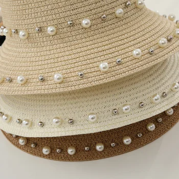 Novo pomlad in poletje ženska krema za sončenje sun pokrivalo otroci bowknot slamnik pearl beach klobuk traw klobuk ženski starš-otrok klobuk