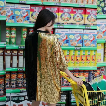 Elegantna Dodatki Evropske SAINT Signal, Zlata, Črna Mozaik Sequined T-Shirt Ženska Mini Obleka za Poletje Svoboden Kratek Rokav Tee Dropship
