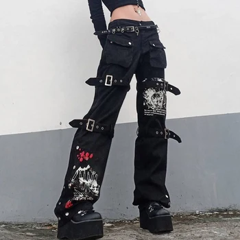 E-Gothic girl Black Tovora Hlače Capri Ženske Nizko Pasu Jeans Dolge Hlače Y2K Grunge Letnik Hip Hop Punk Harajuku Ulične