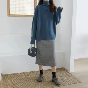 RZIV Pozimi visoko kakovostno volno jopica za ženske priložnostne barva visoko vratu dolgo sleeved svoboden pleteni pulover