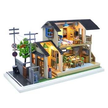 DIY Lesena Lutka Hiša Japonski Casa Miniaturne Zgradbe Kompleti Yamano Dom Lutke S Pohištvom Villa Igrače za Dekleta Darila