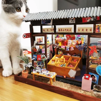 DIY Lesena Lutka Hiša Miniaturni s Pohištvom Kit Japonski Sladkarije Hiša Sestavljanje modelov Igrače Otrok Dekle Darilo za Rojstni dan Casa