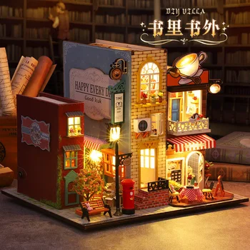 DIY Ulici Knjiga Kotiček Naslonjač Lesene Bookend Mini Hiši Model S Pohištvom Stavbe Komplet za Montažo Igračo Otrok Darilo Casa