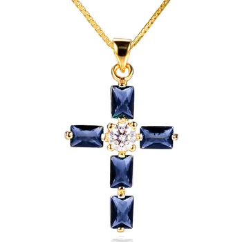 Sapphire gemtsones modra kristal križ obesek ogrlice za ženske femme diamanti 18k zlato barvo choker veriga bijoux nakit darilo