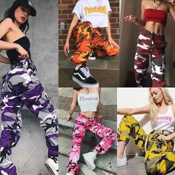 Moda Za Ženske Camo Tovora Visoko Pasu Hip Hop Hlače Hlače Vojaške Armade Proti Prikrivanje, Dolge Hlače, Tople Capris