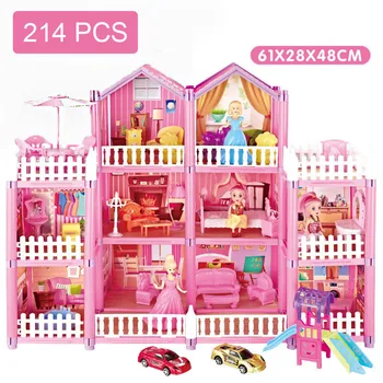 Igrajo Hiša Igrača Princesa Velika Vila Dollhouses Roza Grad s toboganom Dvorišče Komplet Sestavljen Lutka Hiša Igrače, Otroci, Dekleta, Darila za Rojstni dan