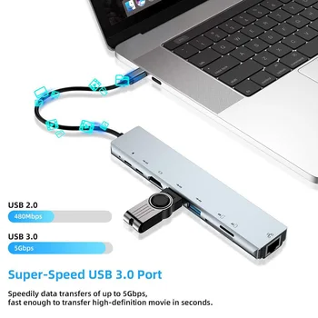 USB C Hub 8 V 1 Tip C 3.1 Za 4K HDMI Adapter s RJ45 SD/TF Card Reader PD Hitro Polnjenje za MacBook Prenosni Prenosni Računalnik