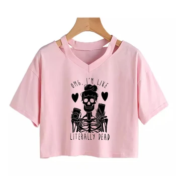 ženske Proti-vrat svoboden kratek rokav T-shirt Harajuku majica Ulične Y2K Estetska oblačila Tee gothic oblačil obreži zgoraj Punk Lobanje