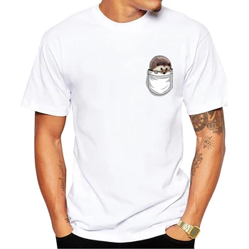 Novi moški t-shirt je Super Luštna Žep Ježa Natisni T-Shirt Smešno Risanka Design Fant Bela Priložnostne Vrhovi človek Tees