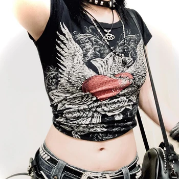 Harajuku Grunge Center Goth Suh Pridelek Vrh Gotske Diamanti Graphic T-shirt Tiskanje Vintage E-dekle Temno Univerzami Tees Ženske Oblačila
