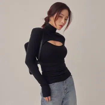 Korejski Fashion Majica S Kratkimi Rokavi Iz Votlih Kniting Turtleneck Dolg Rokav Vrh Plus Velikost Bluze Trdni Tank Slim Primerna Športna Oblačila Ženske