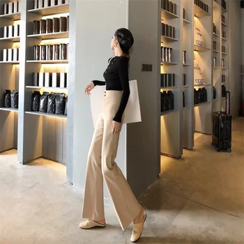 WHCW CGDSR 2020 jeseni, pozimi novi korejski slog visoko pasu Ulične širok noge sopihanje priložnostne trdna hlače ženske ženska flare hlače