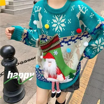 2022 Jesen Zimo Božič Santa Claus ženski Pulover Svoboden korejski Moda Kawaii Dolg Rokav Prevelik Pulover Pletene Džemper