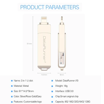 DataRunner OTG USB ključek USB ključ Pen Drive 3.0 za iPhone/Android/PC 128GB 32GB 64GB 8GB 16GB Visoke Hitrosti, 3 V 1 Pendrive