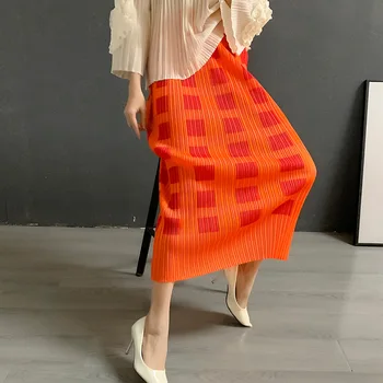Miyake oblikovalec za ženske nabrano krilo design občutek oranžna tiskanja mid-dolžina naravnost krilo dolgo krilo
