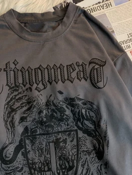 Gmiixder Temno Hip-hop-Shirt American High Street Letnik Tiskanje Tees Unisex Gothic Dolgo rokavi T-shirt Dno Bombaž Vrh