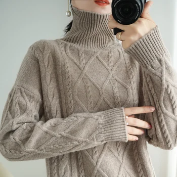 Jeseni in pozimi nove čiste volne pulover ženske, visoko vratu puloverju svoboden dolgimi rokavi pulover debele kašmir spusti-ramo pulover