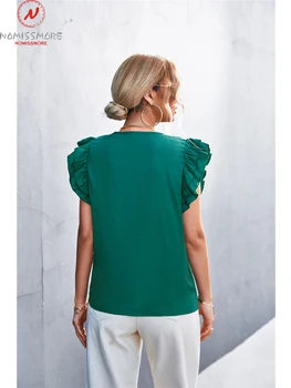 Moda za Ženske Poletje Barva Majice za Ulične Mozaik Design Ruffles Dekor Proti-Vrat Metulj Rokav Priložnostne Svoboden Vrh