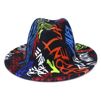 Ženske grafiti natisnjene fedora klobuk jesen in zimo, nova cerkev klobuk moške novo panamski klobuk tie-dye jazz cilinder