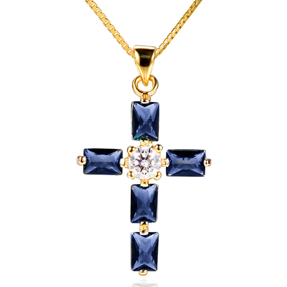 Sapphire gemtsones modra kristal križ obesek ogrlice za ženske femme diamanti 18k zlato barvo choker veriga bijoux nakit darilo 0