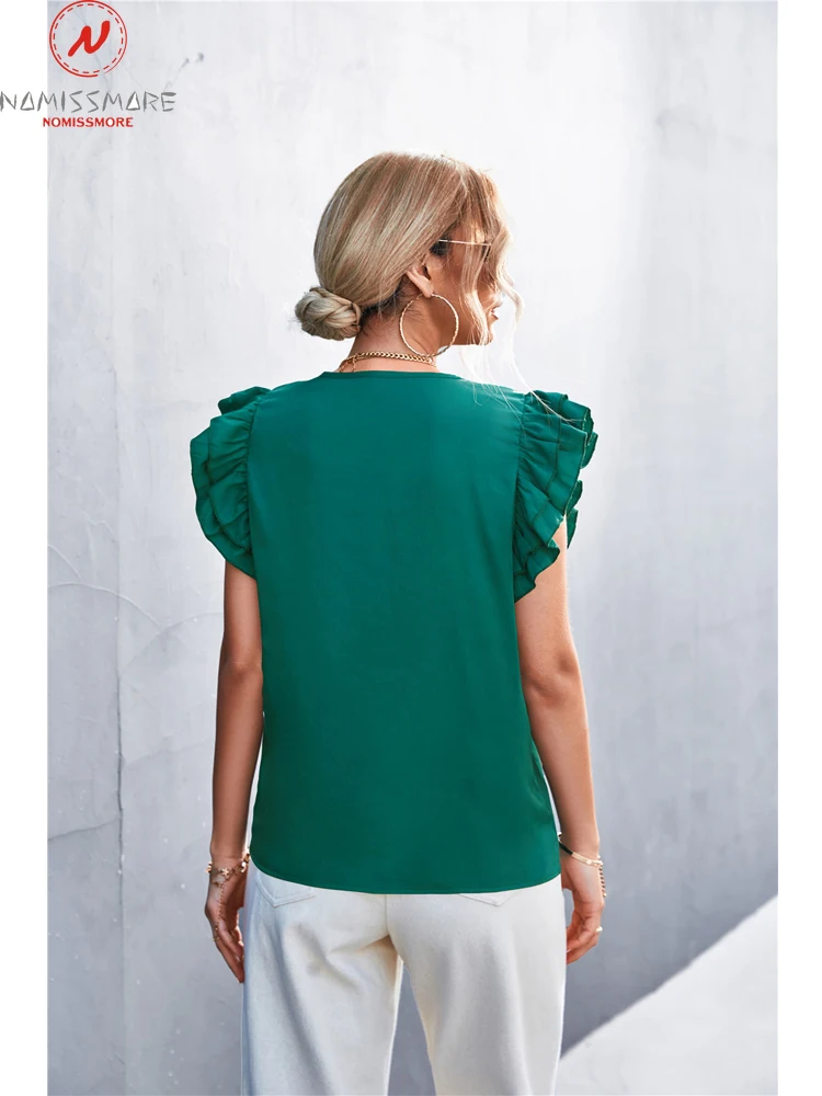 Moda za Ženske Poletje Barva Majice za Ulične Mozaik Design Ruffles Dekor Proti-Vrat Metulj Rokav Priložnostne Svoboden Vrh 0