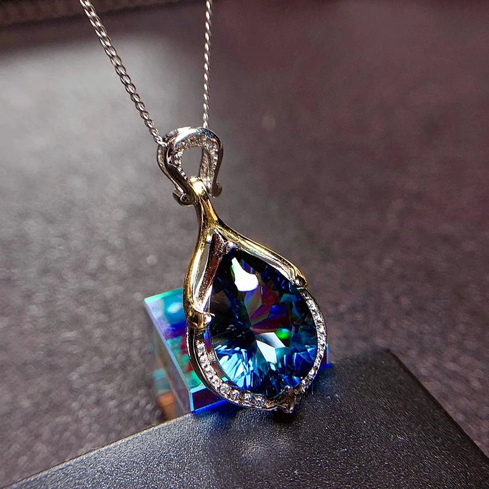 Morska deklica Modro Avstrijski Crystal Sapphire Topaz dragih kamnov Diamanti Obesek Ogrlice za Ženske 18k Belim Zlatom Barve, Nakit Darila 1