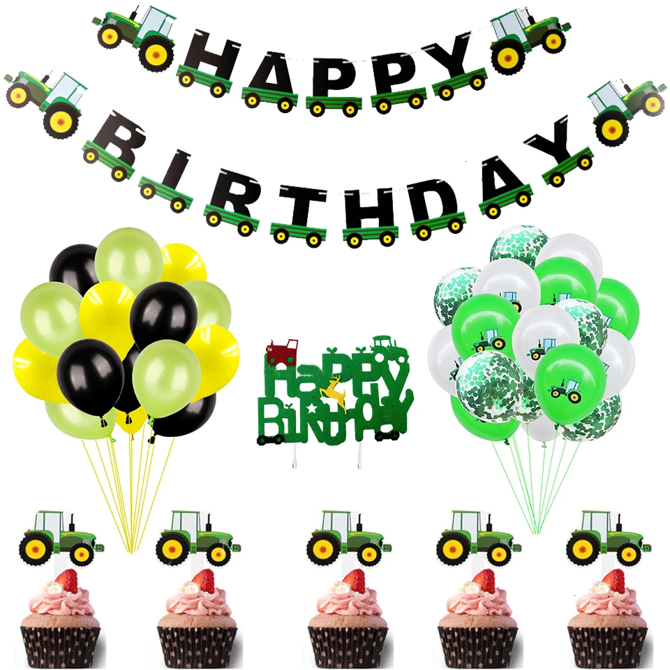 1Set Kmetiji Temo Zelena Traktor Napihljivi Baloni Happy Birthday Party Dekoracijo Otroci Rojstni dan Kopač Vozila Banner 2