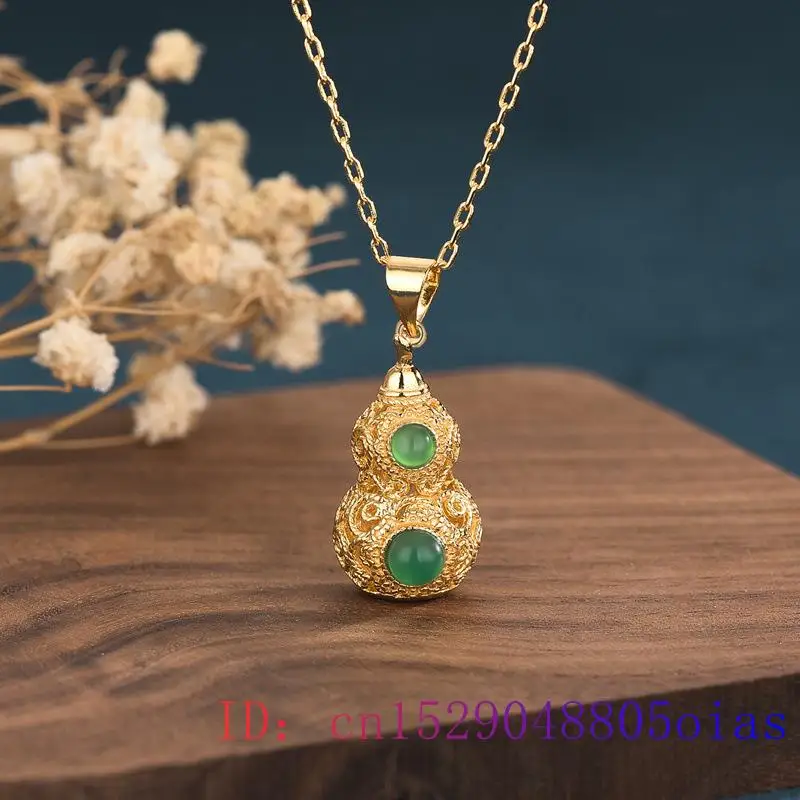 Green Jade Gourd Obesek Kitajski Kristalno Moda Amulet Ogrlica Cirkon Čar Ženske Naravnih Chalcedony Gemstone, Srebro 925 2