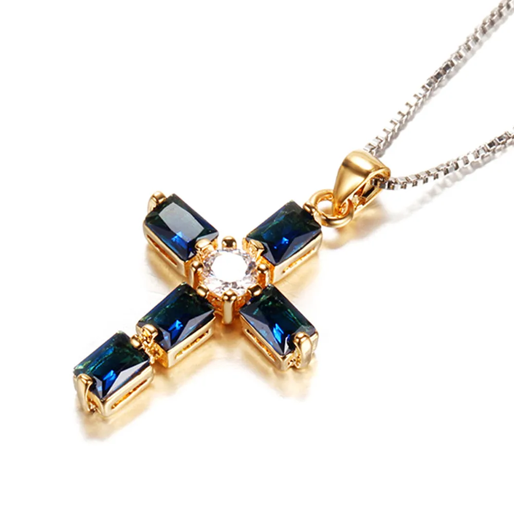Sapphire gemtsones modra kristal križ obesek ogrlice za ženske femme diamanti 18k zlato barvo choker veriga bijoux nakit darilo 2