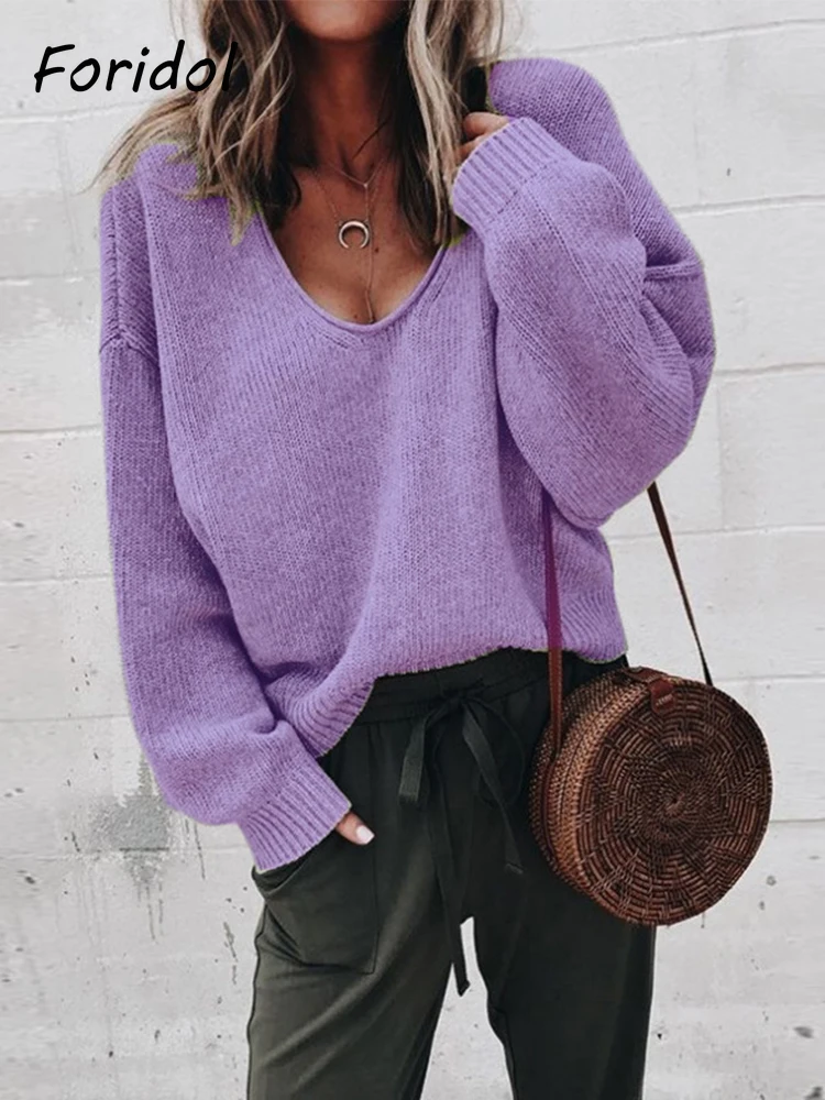 Foridol trdna vijolično puloverji pulover ženske priložnostne prevelik pulover ženske, jeseni, pozimi pletene džemper vrhovi, obleke 2022 3