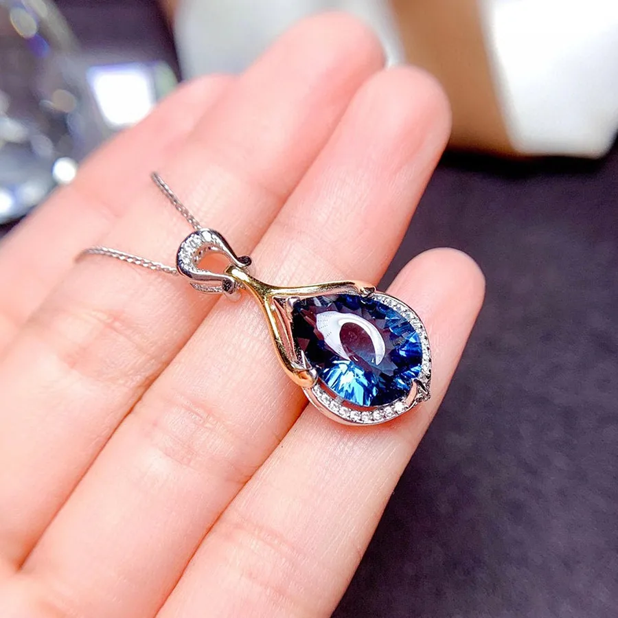 Morska deklica Modro Avstrijski Crystal Sapphire Topaz dragih kamnov Diamanti Obesek Ogrlice za Ženske 18k Belim Zlatom Barve, Nakit Darila 3