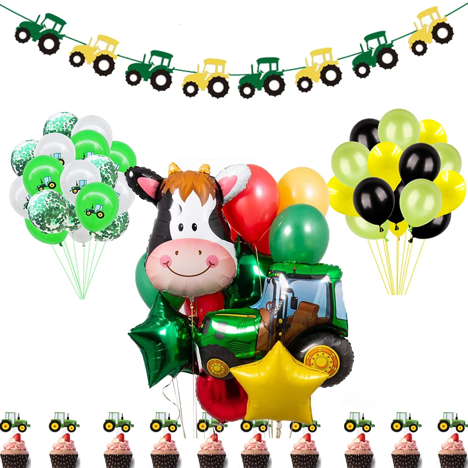 1Set Kmetiji Temo Zelena Traktor Napihljivi Baloni Happy Birthday Party Dekoracijo Otroci Rojstni dan Kopač Vozila Banner 4