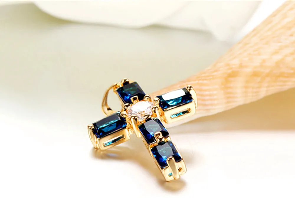 Sapphire gemtsones modra kristal križ obesek ogrlice za ženske femme diamanti 18k zlato barvo choker veriga bijoux nakit darilo 4