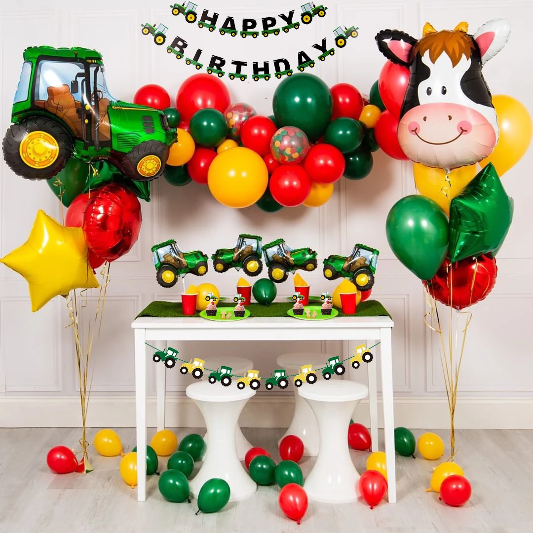 1Set Kmetiji Temo Zelena Traktor Napihljivi Baloni Happy Birthday Party Dekoracijo Otroci Rojstni dan Kopač Vozila Banner 5