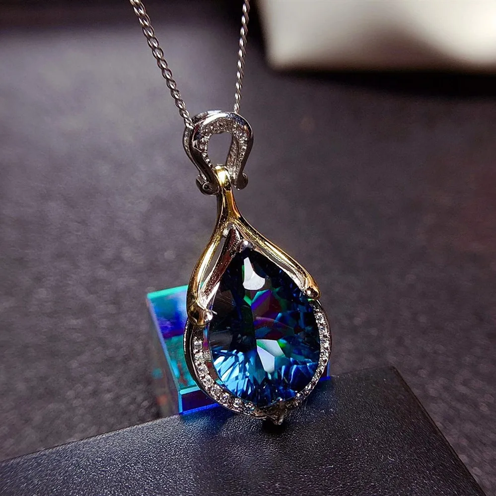 Morska deklica Modro Avstrijski Crystal Sapphire Topaz dragih kamnov Diamanti Obesek Ogrlice za Ženske 18k Belim Zlatom Barve, Nakit Darila 5